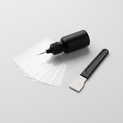 Everhoma GlassFix windshield repair kit: resin applicator, curing films and razor blade