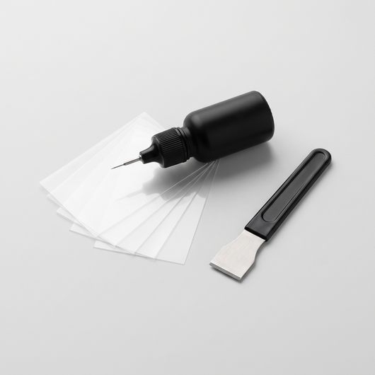 Everhoma GlassFix windshield repair kit: resin applicator, curing films and razor blade